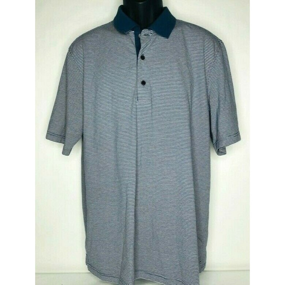 Greg Norman Golf Polo Shirt Blue White Stripe Mens Collared Stretch Size Large‎